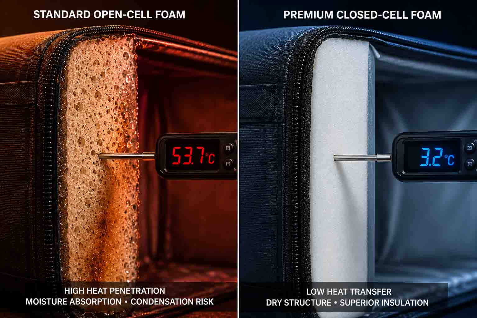 Side-by-side cross-section comparison of open-cell foam delivery bag showing heat penetration above 50°C versus high-density closed-cell foam maintaining below 4°C, demonstrating thermal insulation performance in commercial food delivery conditions.