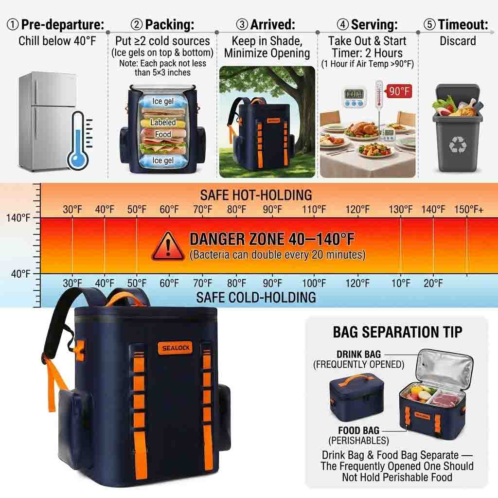 picnic food safety timeline showing the danger zone and the 2-hour rule with cooler packing steps