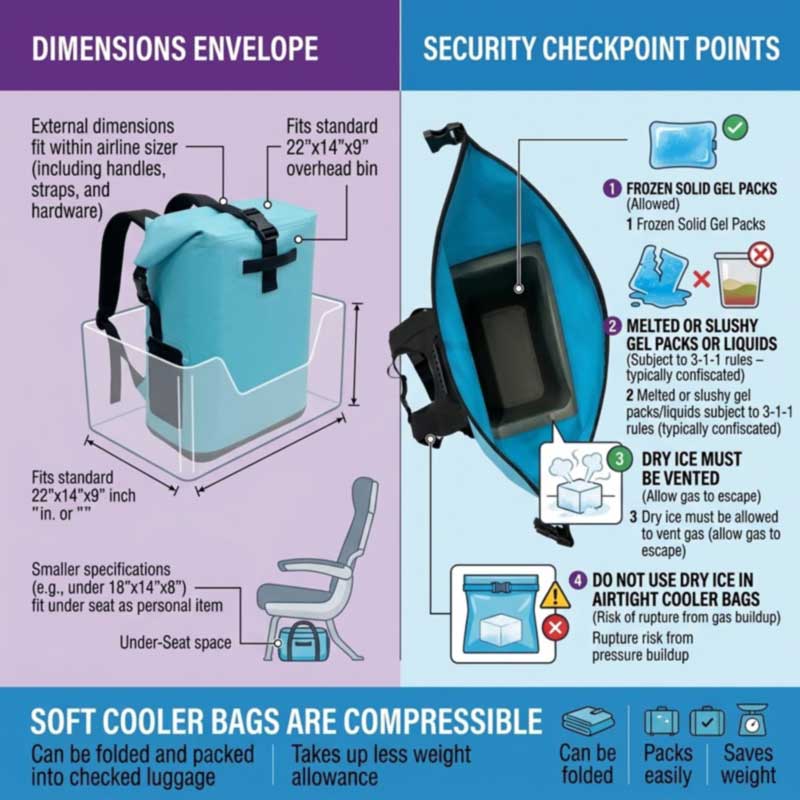 travel cooler backpack carry-on dimension envelope and airport screening requirements for ice packs